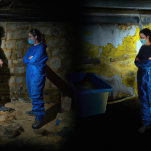 An image showcasing a gloomy, damp basement with patches of black mold spreading on the walls