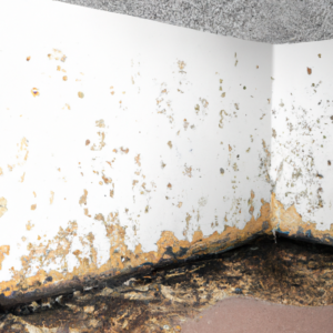 An image showcasing a gloomy, damp basement with peeling wallpaper, discolored walls, and water stains